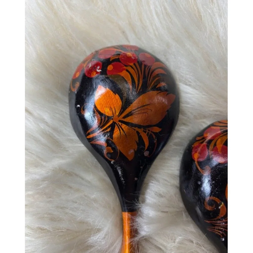 Vintage Khokhloma‎ Wooden Spoons Set 5 Hand Painted Russian Folk Art USSR Decor